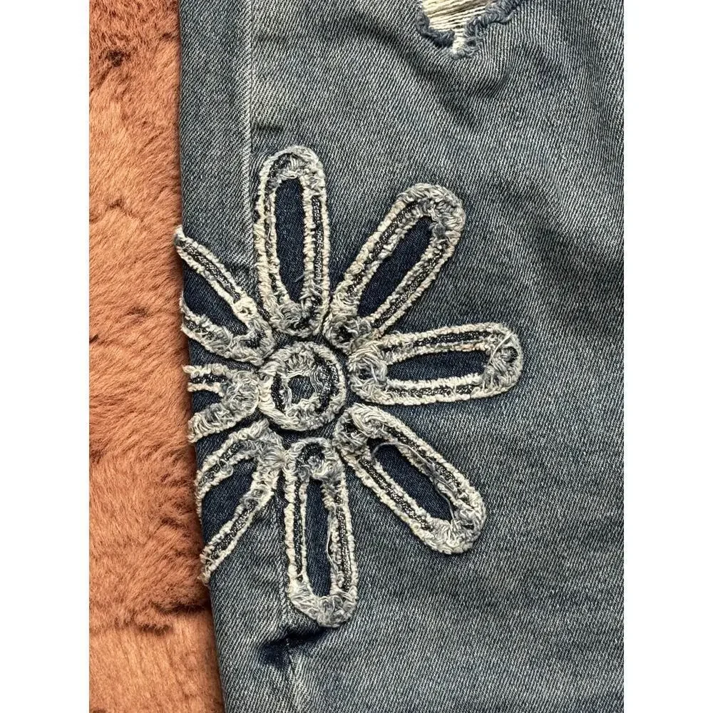 Justice Girls Jeans Size 12 Gray Wash Daisy Floral Patch Distressed